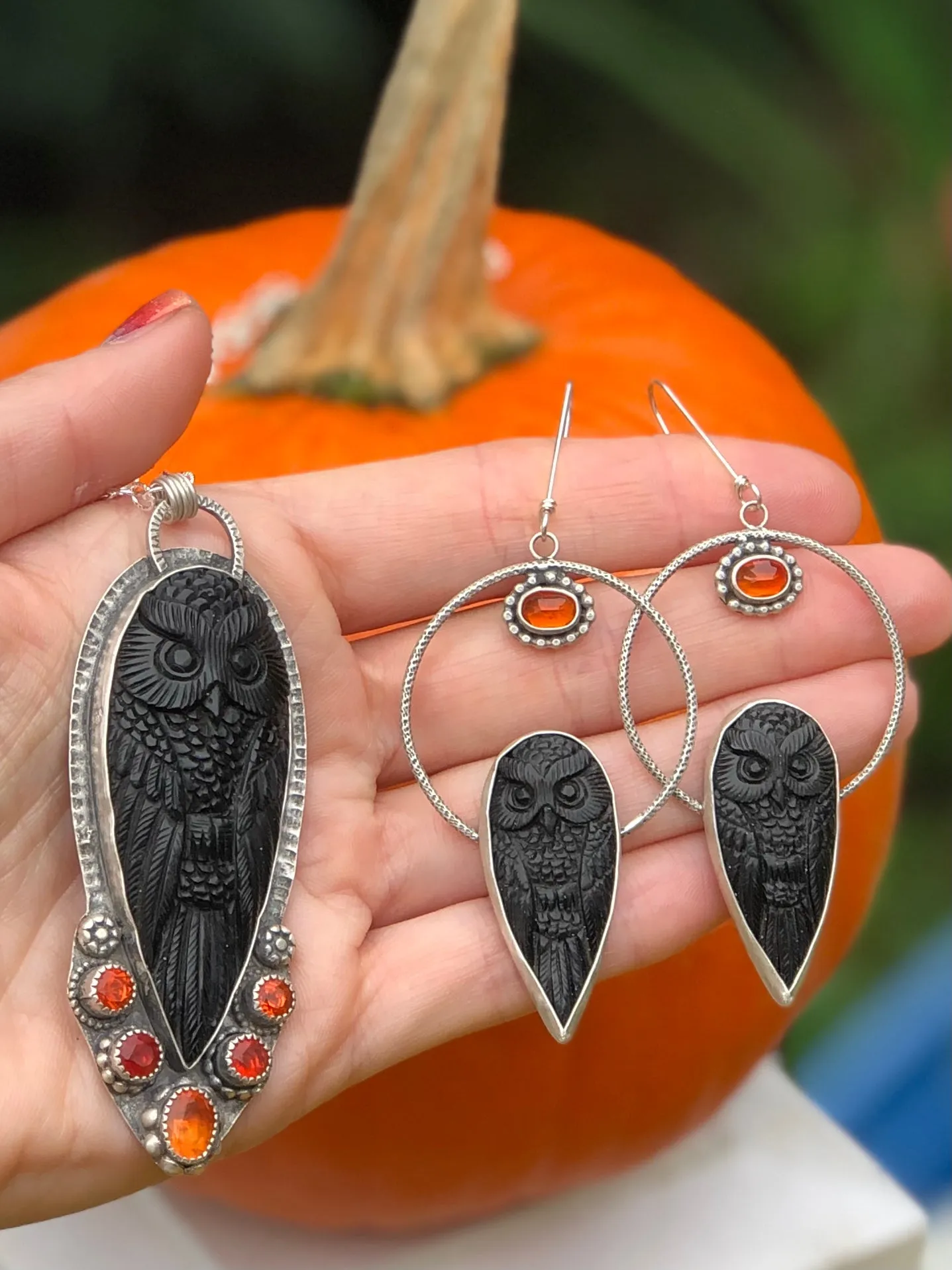 Carved Black Horn Owl & Fire Opal Necklace