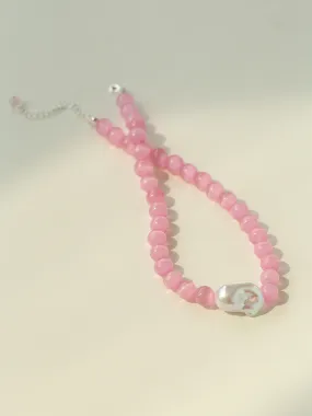 Cat's Eye Stone Baroque Pearl Collar Necklace-Pink