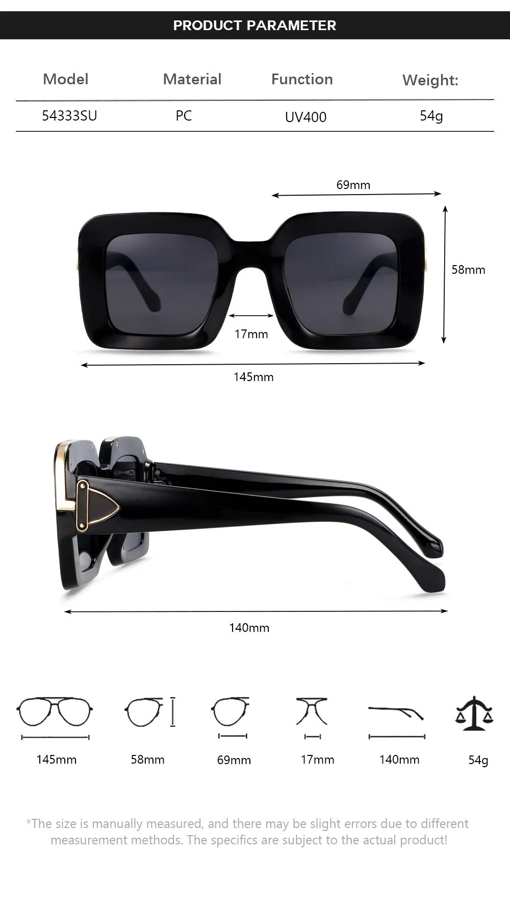 CCspace Unisex Full Rim Rectangle Resin Frame Sunglasses 54333
