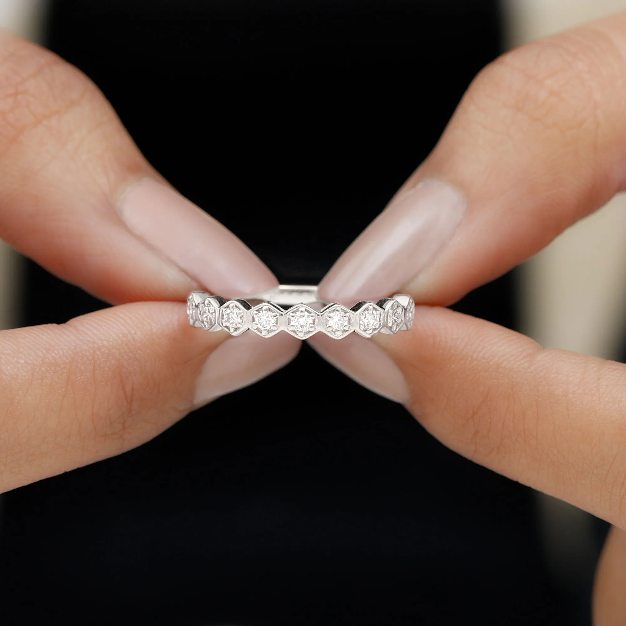 Diamond Half Eternity Ring in Hexagon Shape Frame