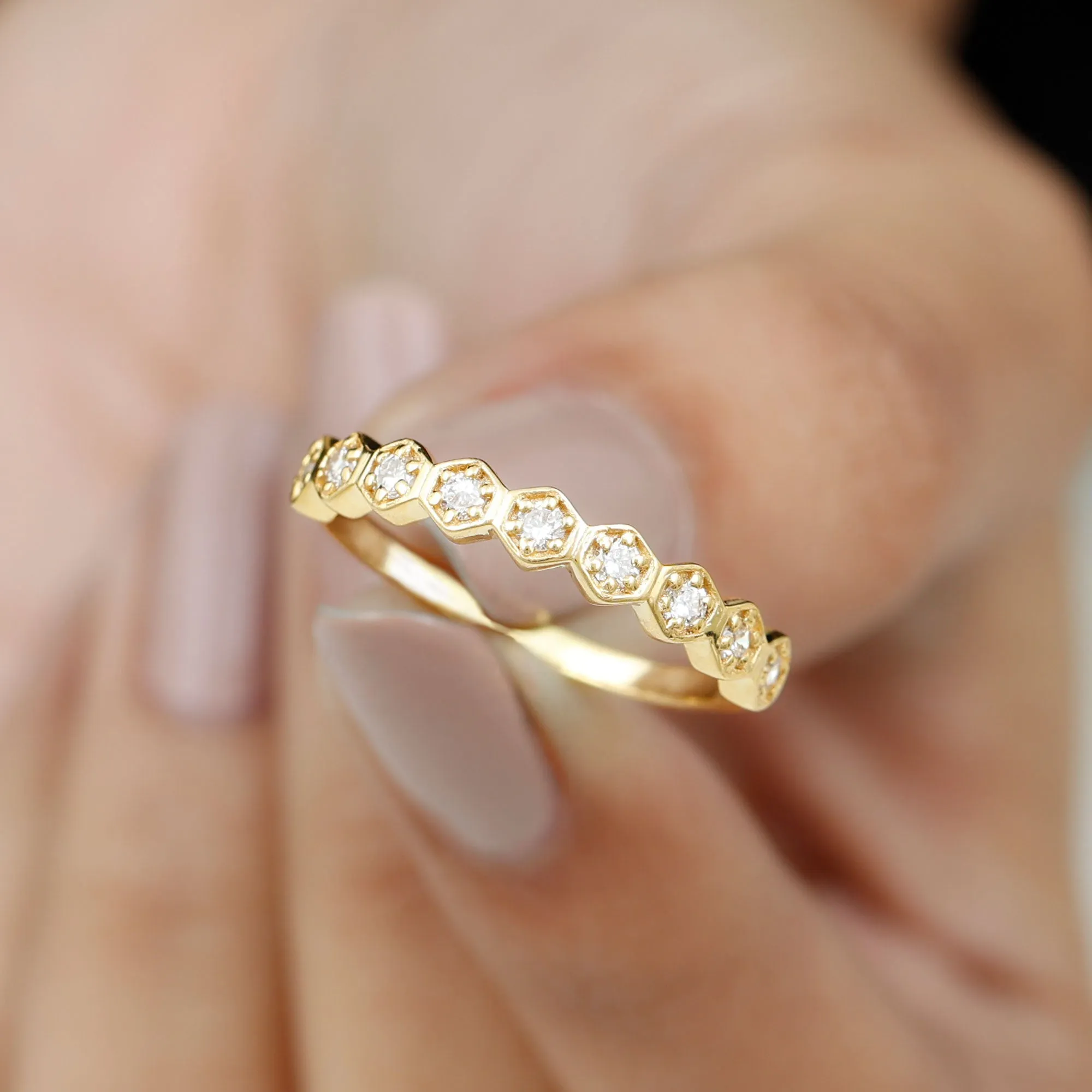 Diamond Half Eternity Ring in Hexagon Shape Frame