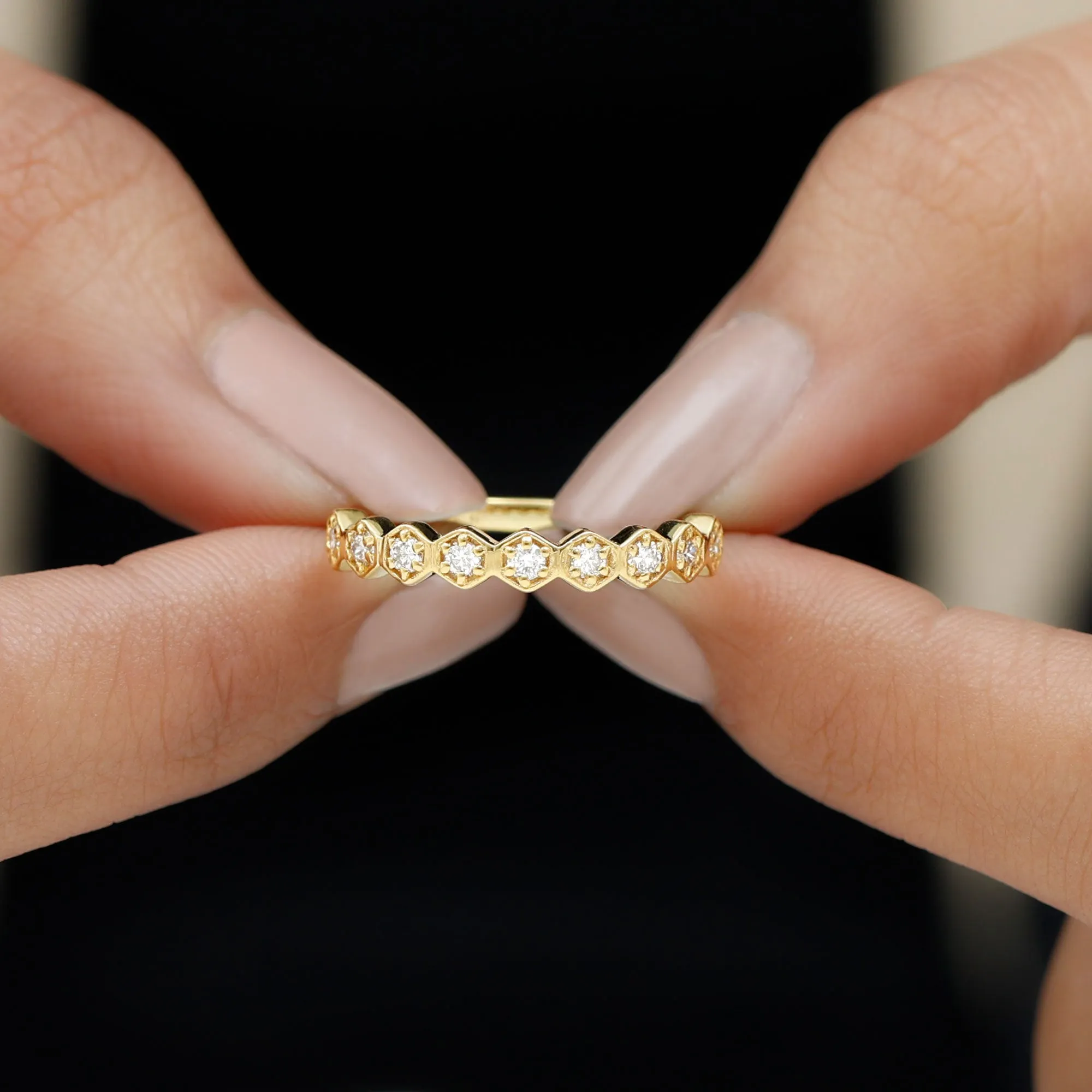 Diamond Half Eternity Ring in Hexagon Shape Frame