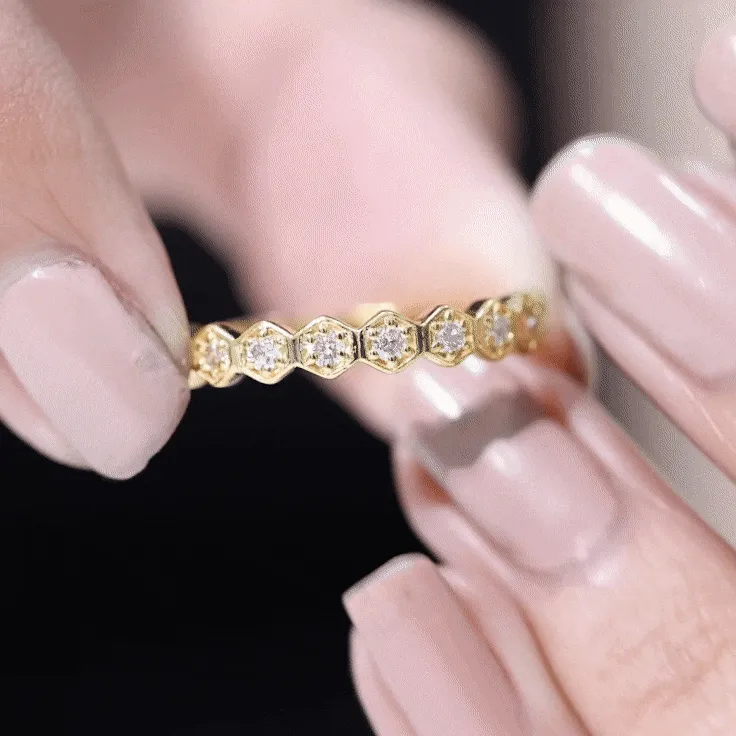 Diamond Half Eternity Ring in Hexagon Shape Frame