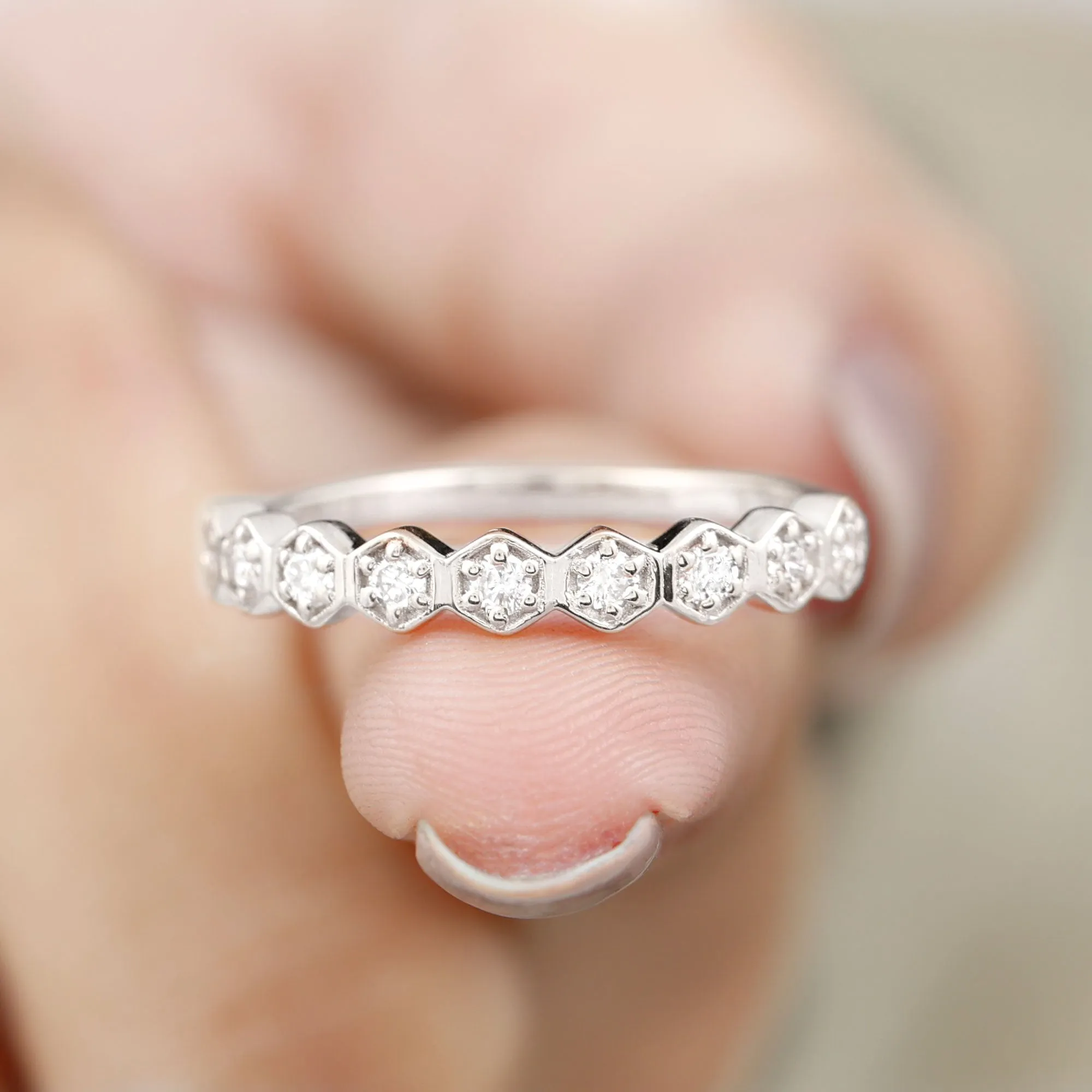 Diamond Half Eternity Ring in Hexagon Shape Frame