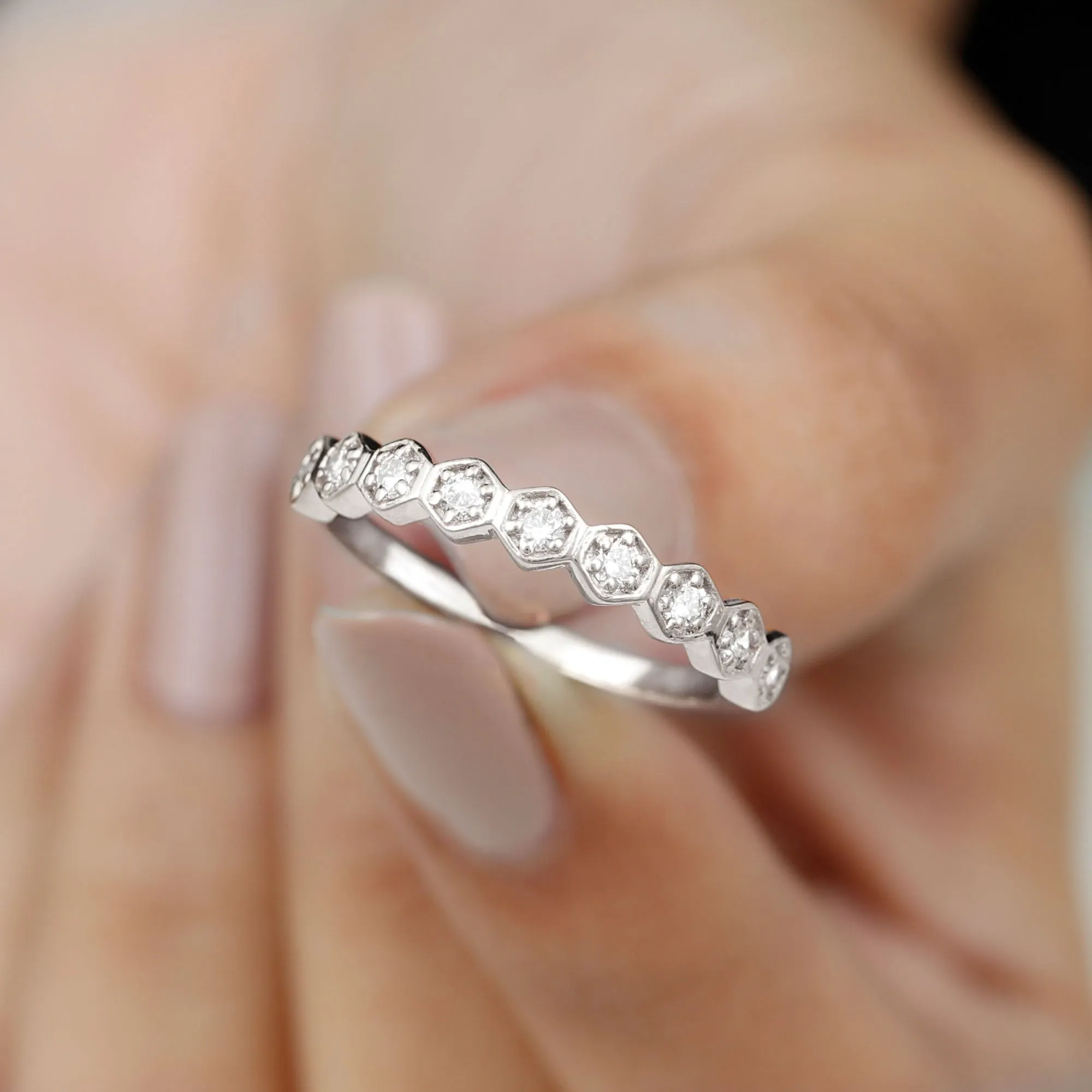 Diamond Half Eternity Ring in Hexagon Shape Frame