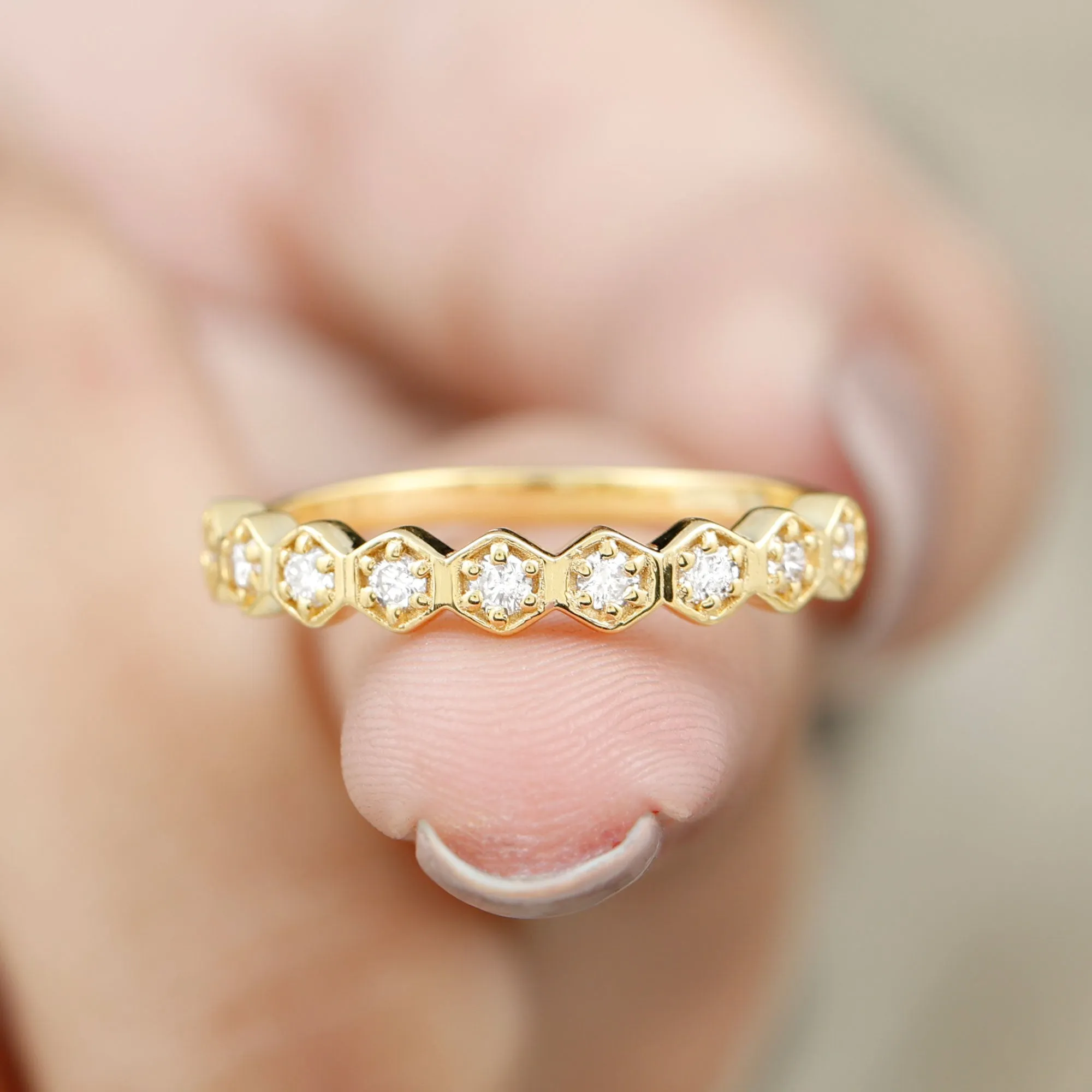 Diamond Half Eternity Ring in Hexagon Shape Frame