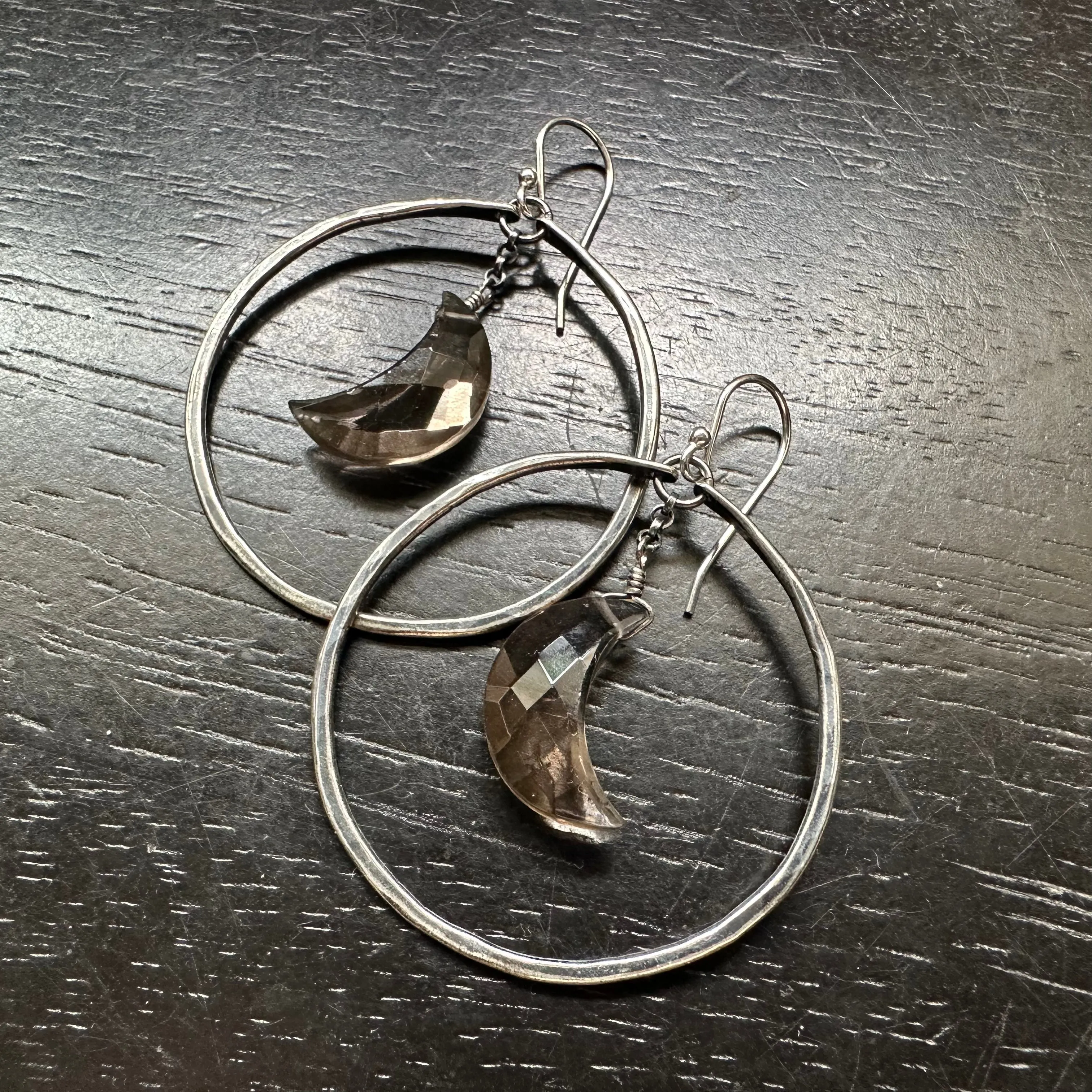 Faceted Crescent Moon Earrings in Medium Brass Hoops with Your Choice of Crystal