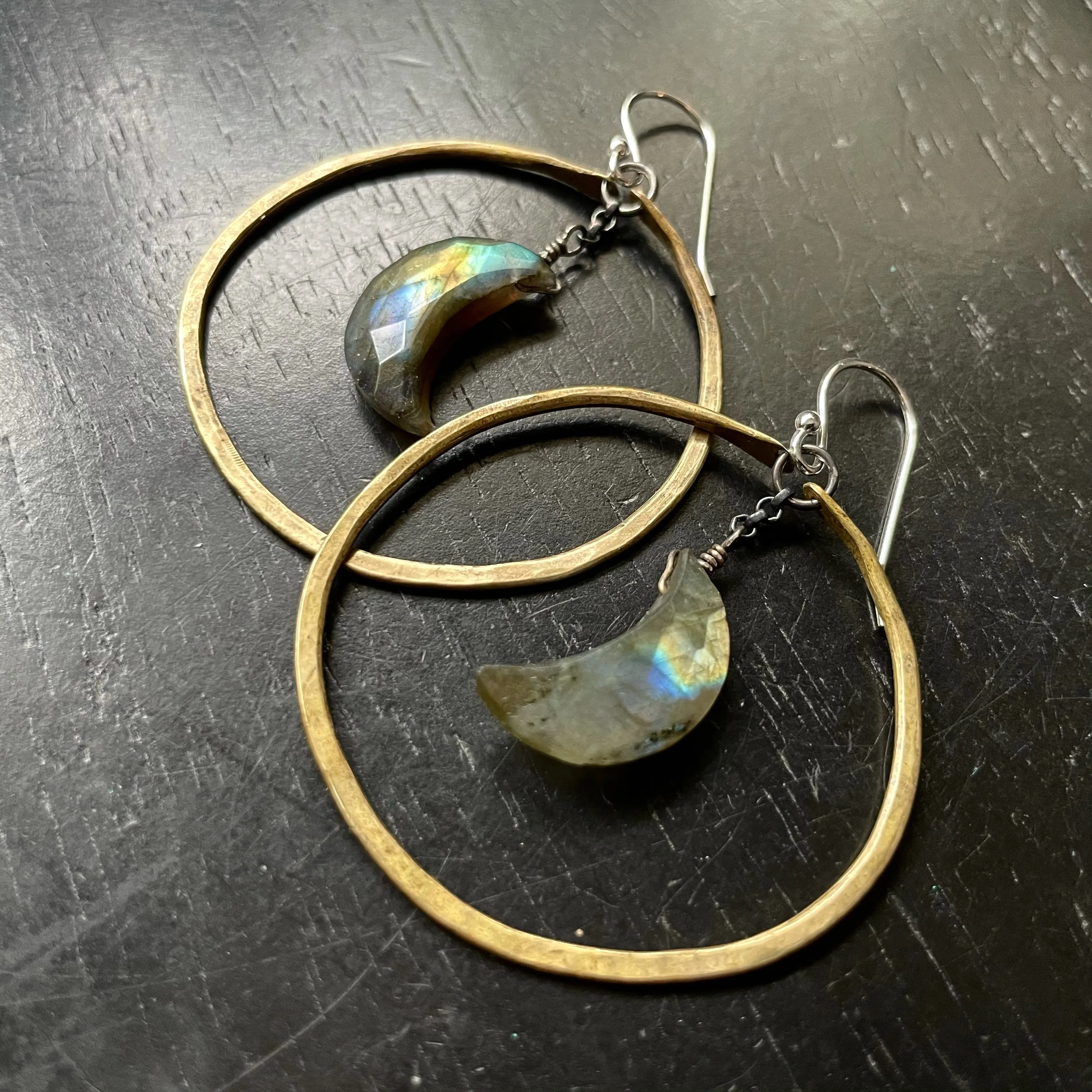Faceted Crescent Moon Earrings in Medium Brass Hoops with Your Choice of Crystal