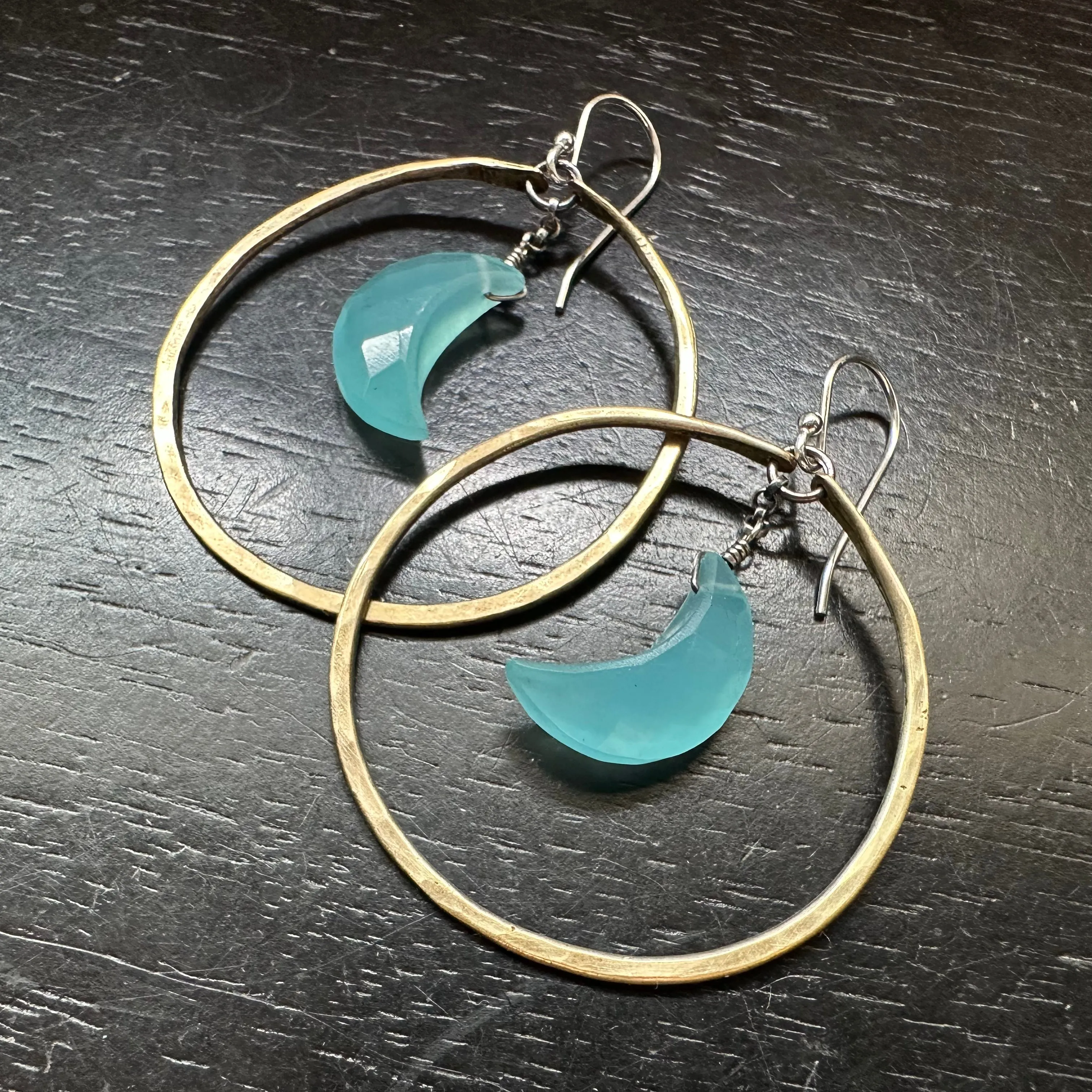 Faceted Crescent Moon Earrings in Medium Brass Hoops with Your Choice of Crystal