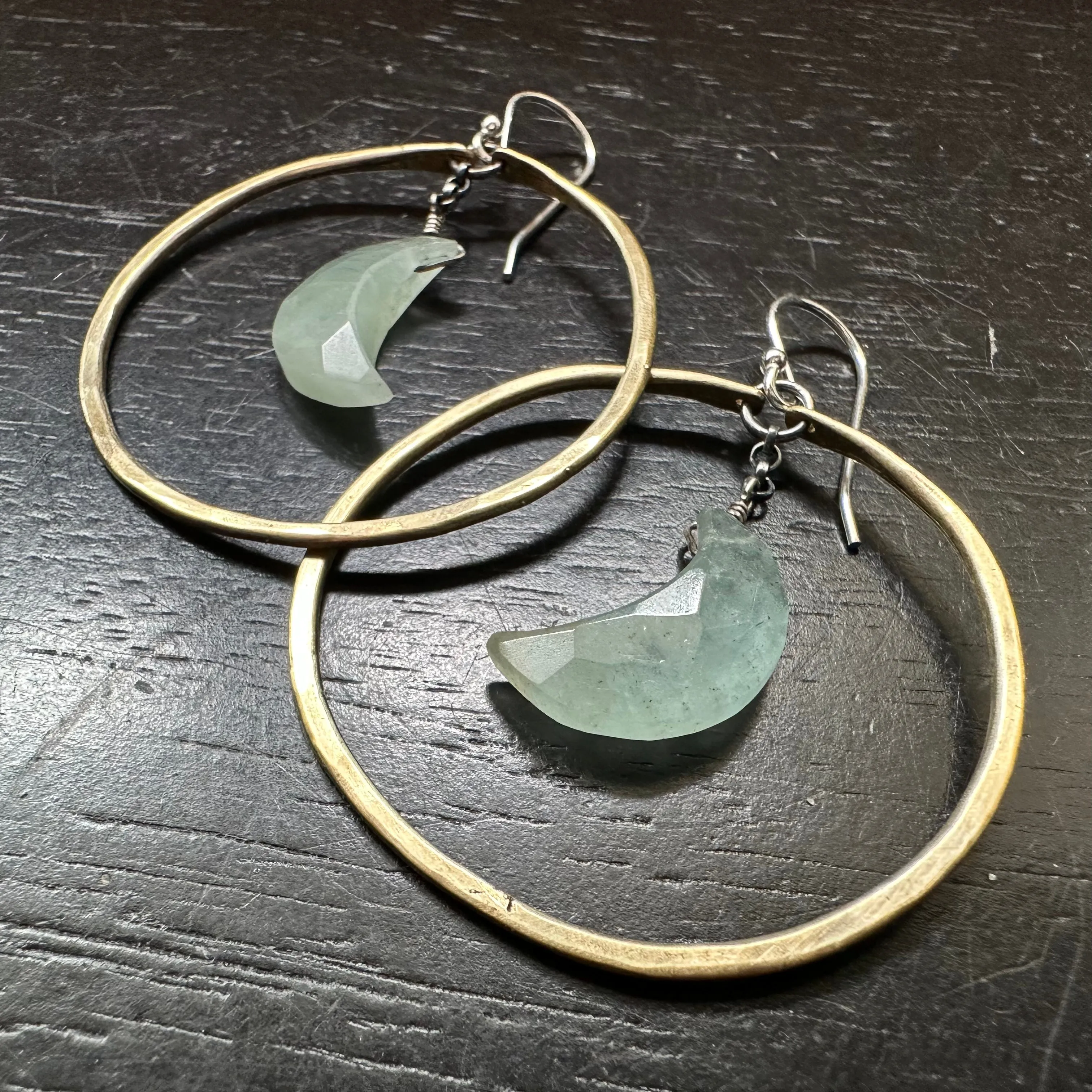 Faceted Crescent Moon Earrings in Medium Brass Hoops with Your Choice of Crystal