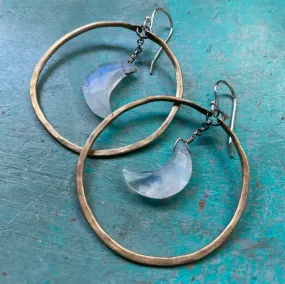 Faceted Crescent Moon Earrings in Medium Brass Hoops with Your Choice of Crystal