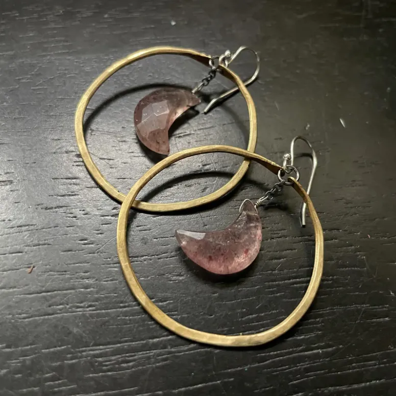 Faceted Crescent Moon Earrings in Medium Brass Hoops with Your Choice of Crystal