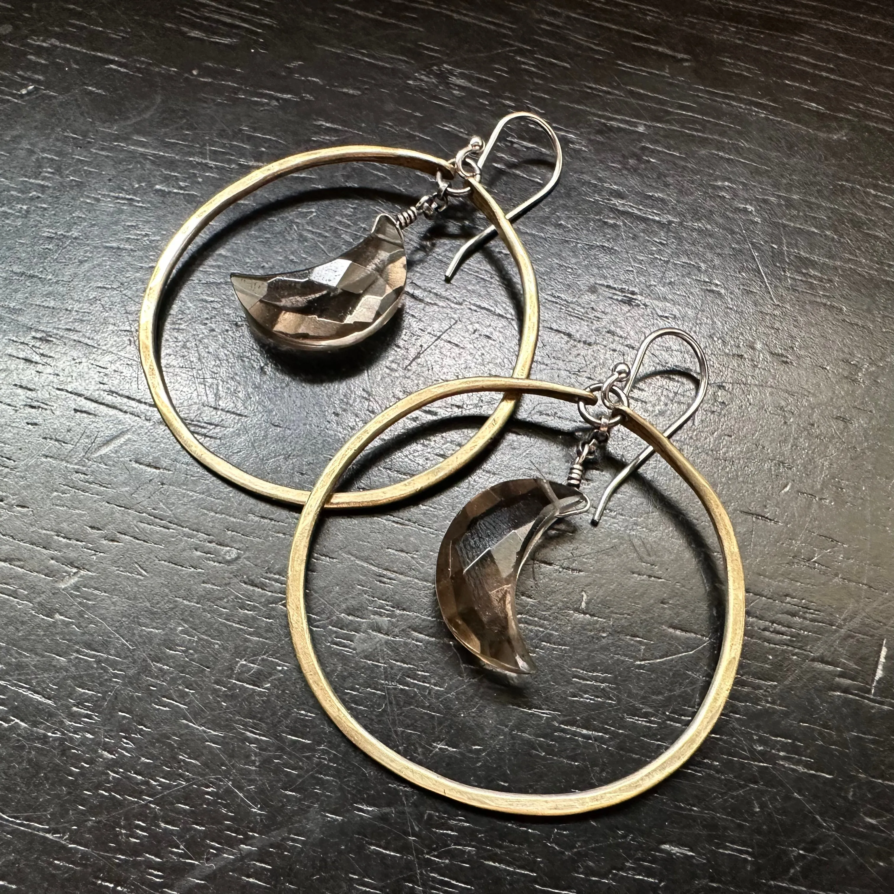 Faceted Crescent Moon Earrings in Medium Brass Hoops with Your Choice of Crystal