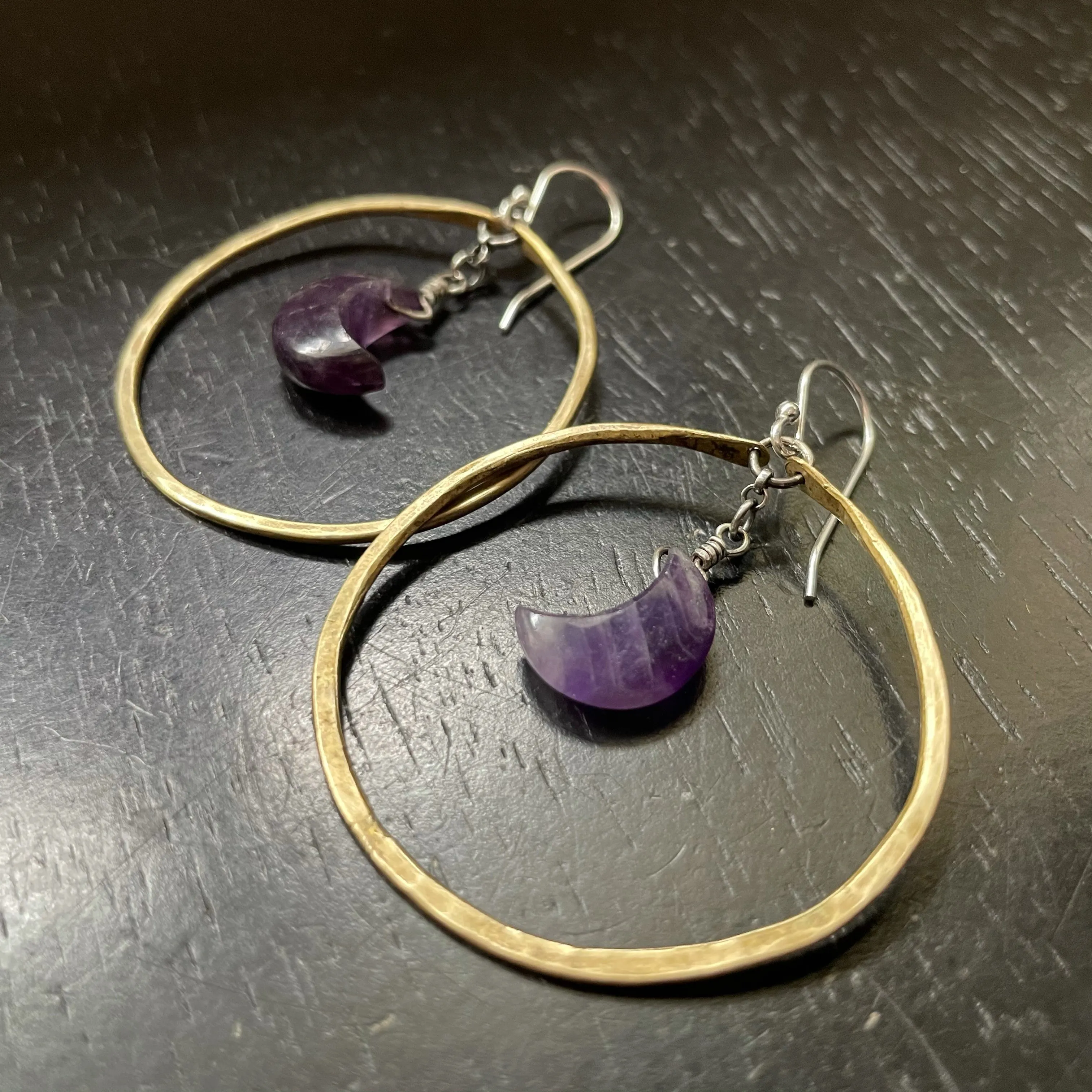 Faceted Crescent Moon Earrings in Medium Brass Hoops with Your Choice of Crystal