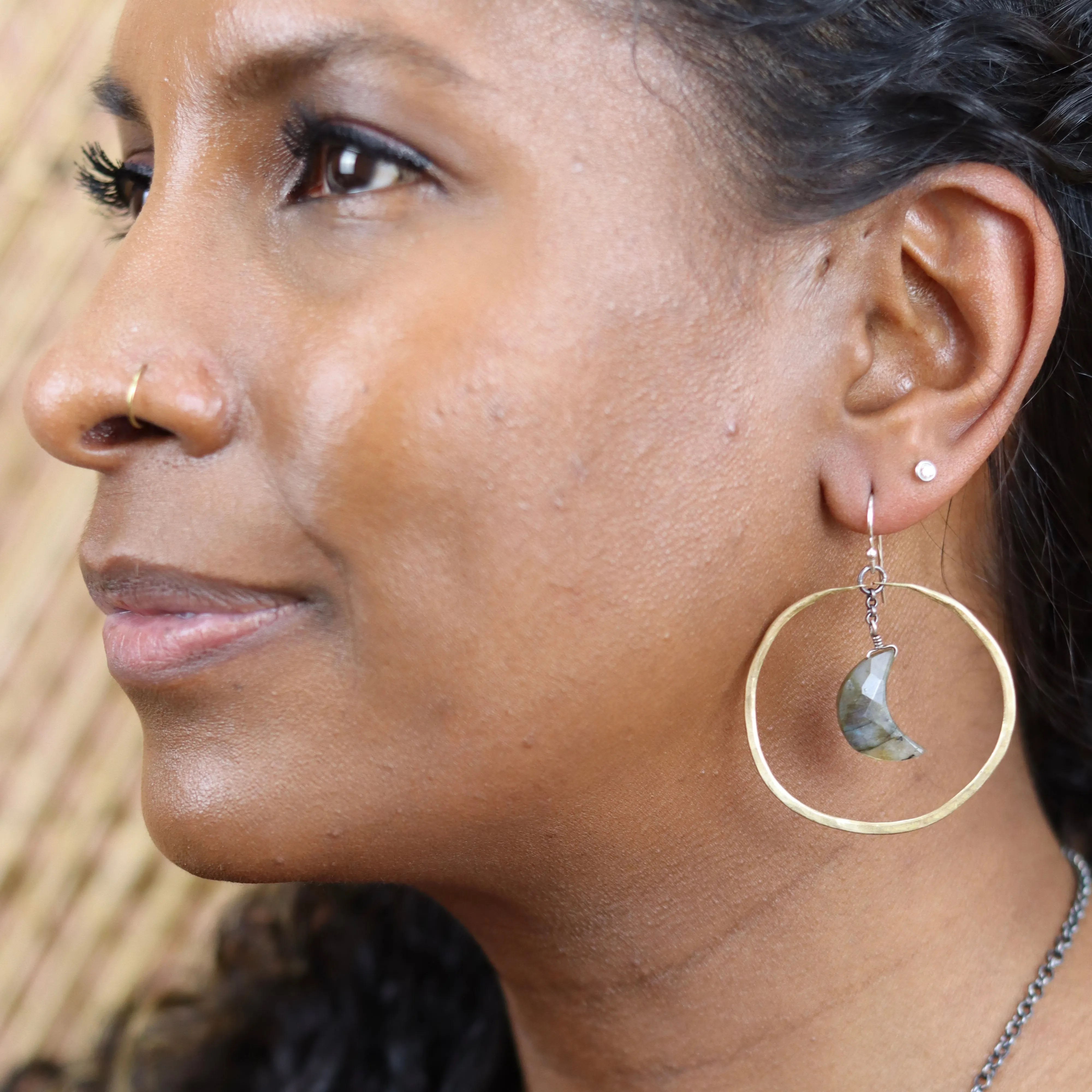 Faceted Crescent Moon Earrings in Medium Brass Hoops with Your Choice of Crystal