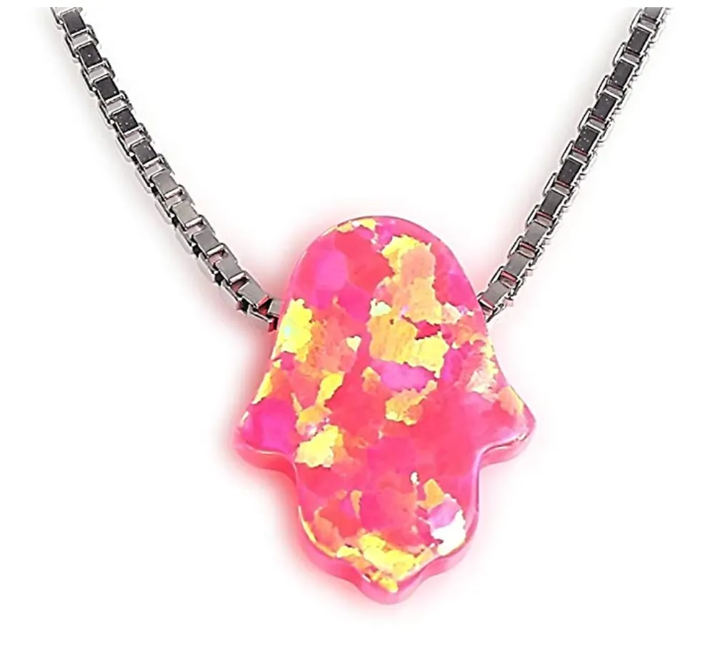 Fire Opal Lucky Fatima Necklace Blue Jewelry Charm Islamic Hamsa Hand Muslim Jewelry Jewish Yoga 18in.