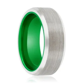 FROGGER | Green Ring, Silver Tungsten Ring, Brushed, Beveled