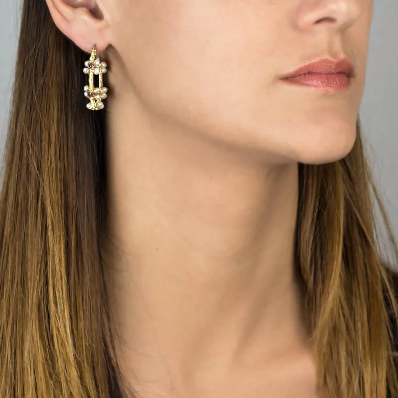Garnet Pearl Flower Hoop Earrings