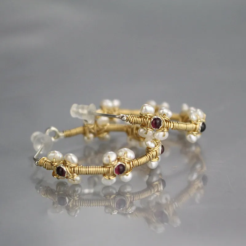 Garnet Pearl Flower Hoop Earrings