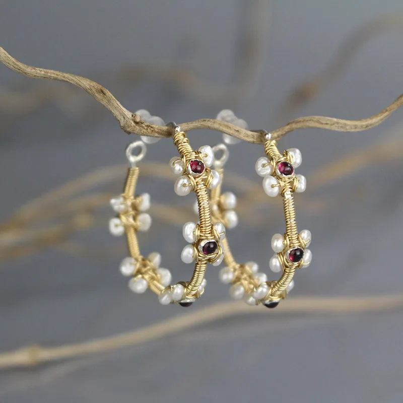 Garnet Pearl Flower Hoop Earrings