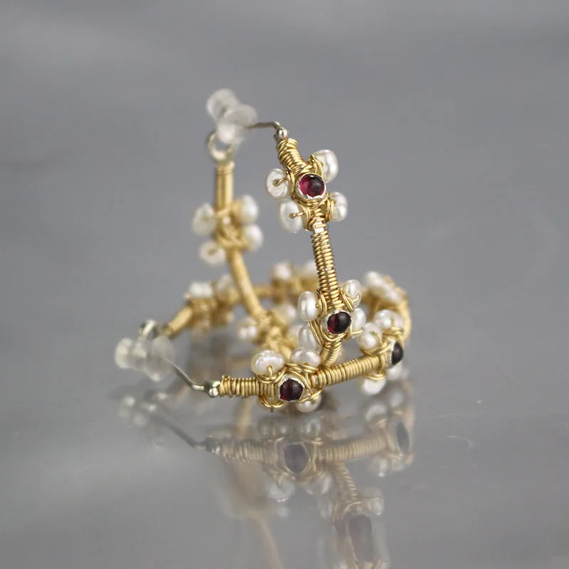 Garnet Pearl Flower Hoop Earrings