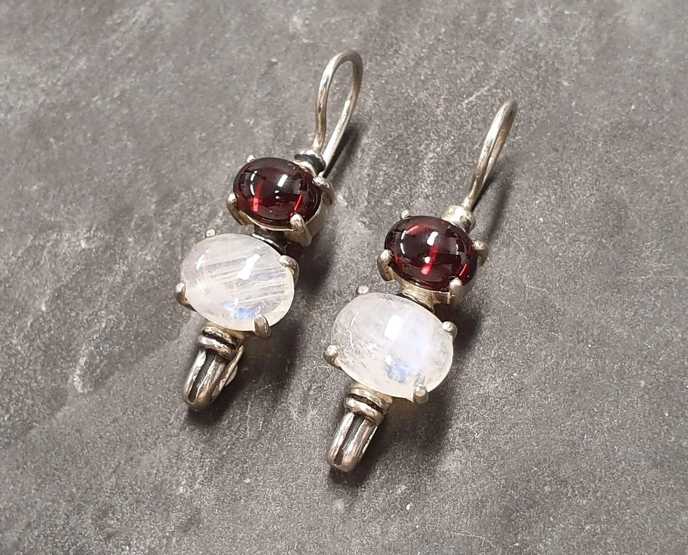 Genuine Garnet Earrings - Rainbow Moonstone Earrings - Vintage Drop Earrings