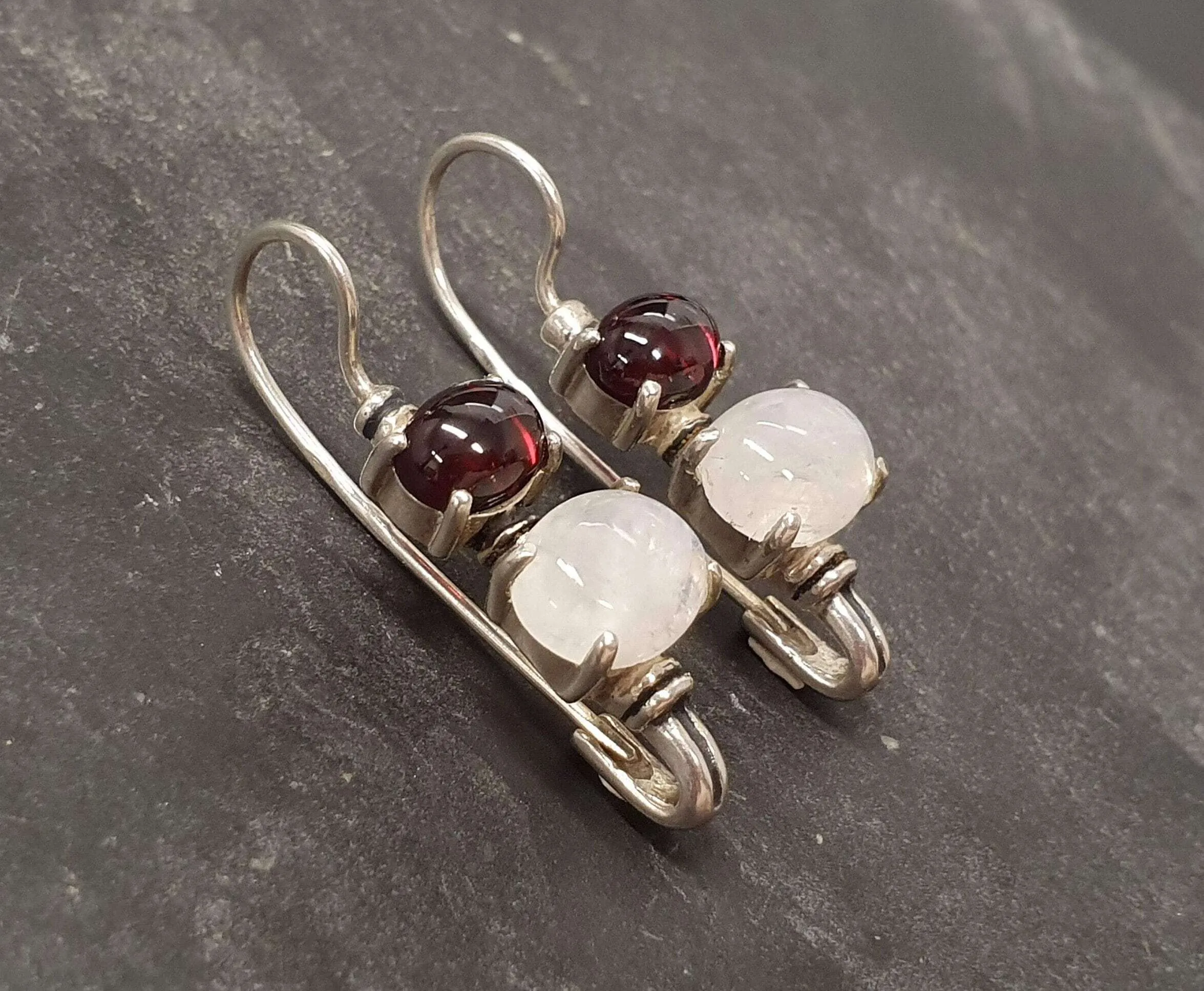 Genuine Garnet Earrings - Rainbow Moonstone Earrings - Vintage Drop Earrings