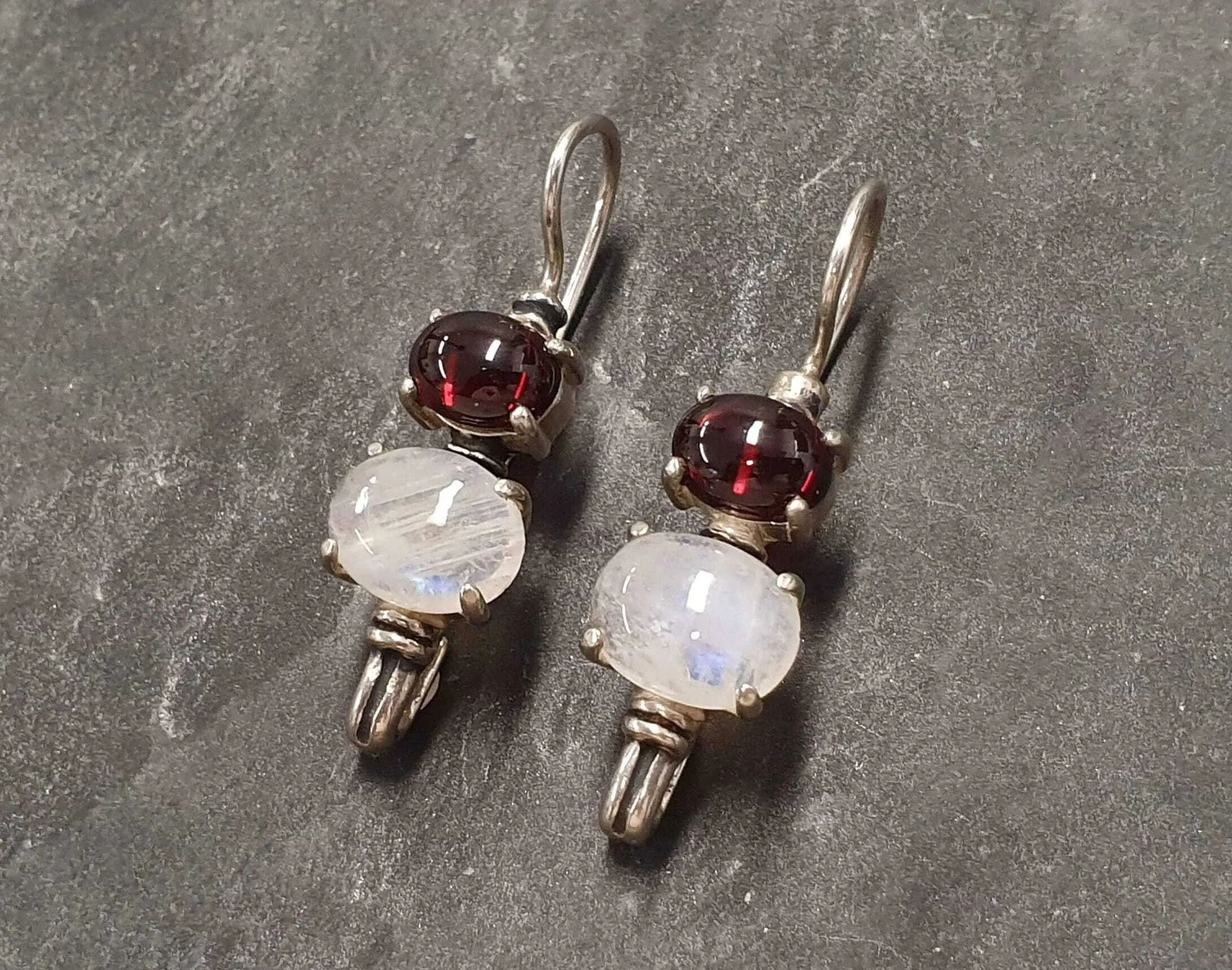 Genuine Garnet Earrings - Rainbow Moonstone Earrings - Vintage Drop Earrings