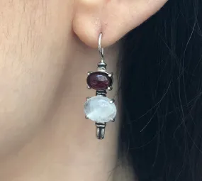 Genuine Garnet Earrings - Rainbow Moonstone Earrings - Vintage Drop Earrings