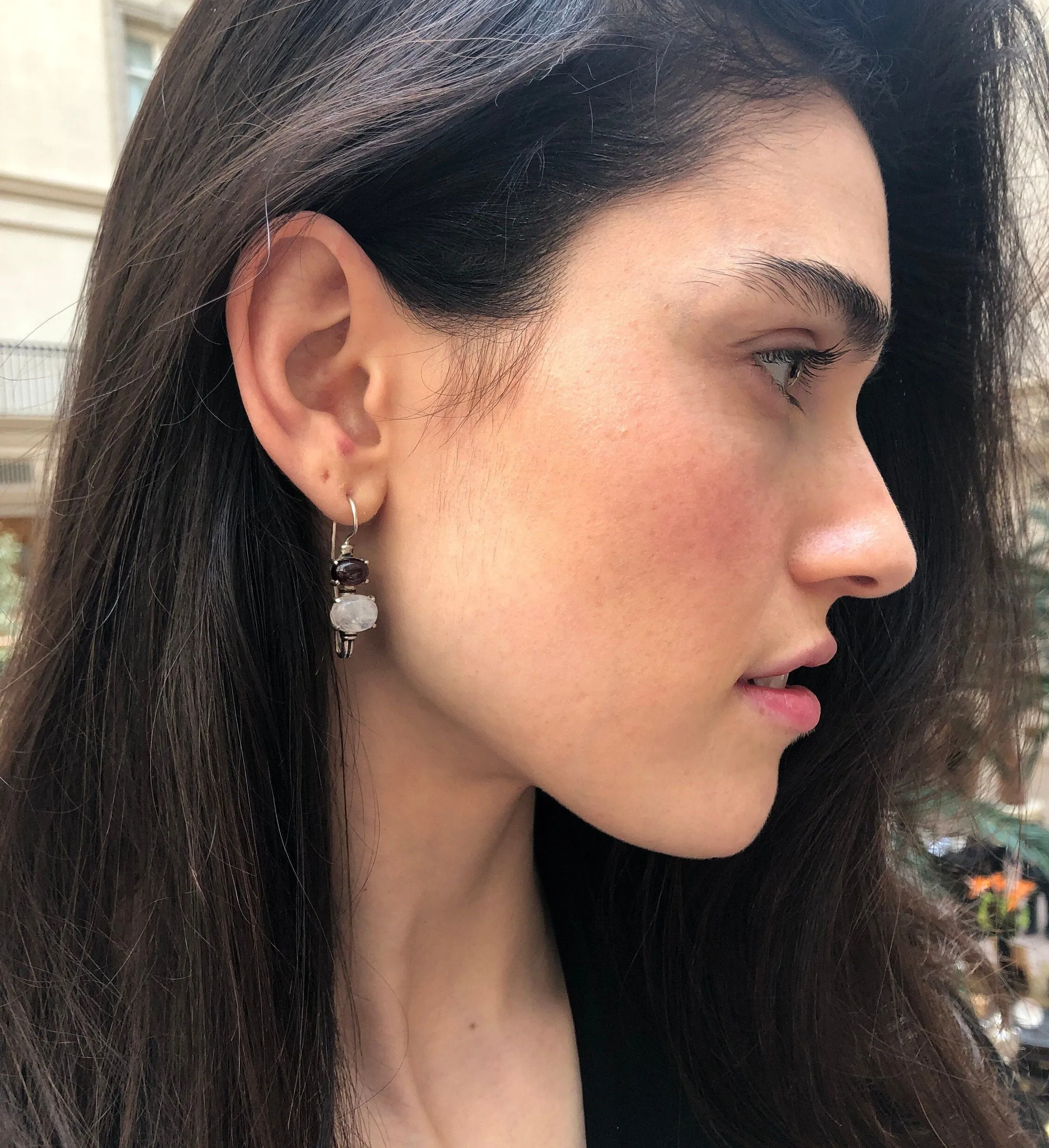 Genuine Garnet Earrings - Rainbow Moonstone Earrings - Vintage Drop Earrings