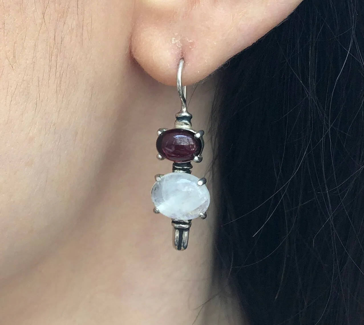 Genuine Garnet Earrings - Rainbow Moonstone Earrings - Vintage Drop Earrings