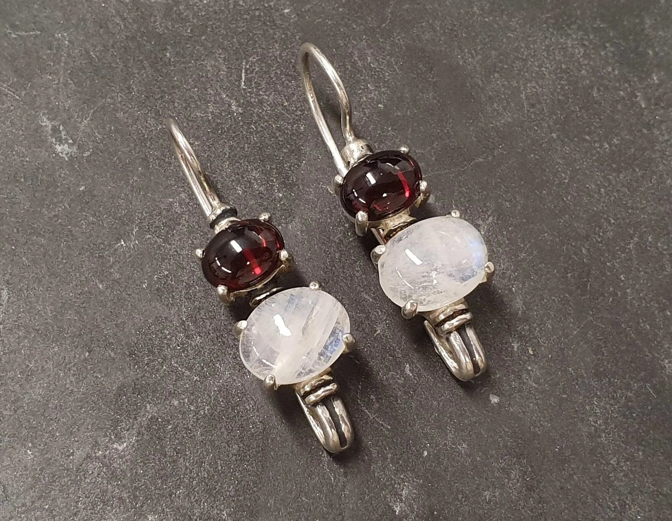 Genuine Garnet Earrings - Rainbow Moonstone Earrings - Vintage Drop Earrings
