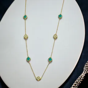 Gold 36" Round Clover Necklace Turquoise with CZ