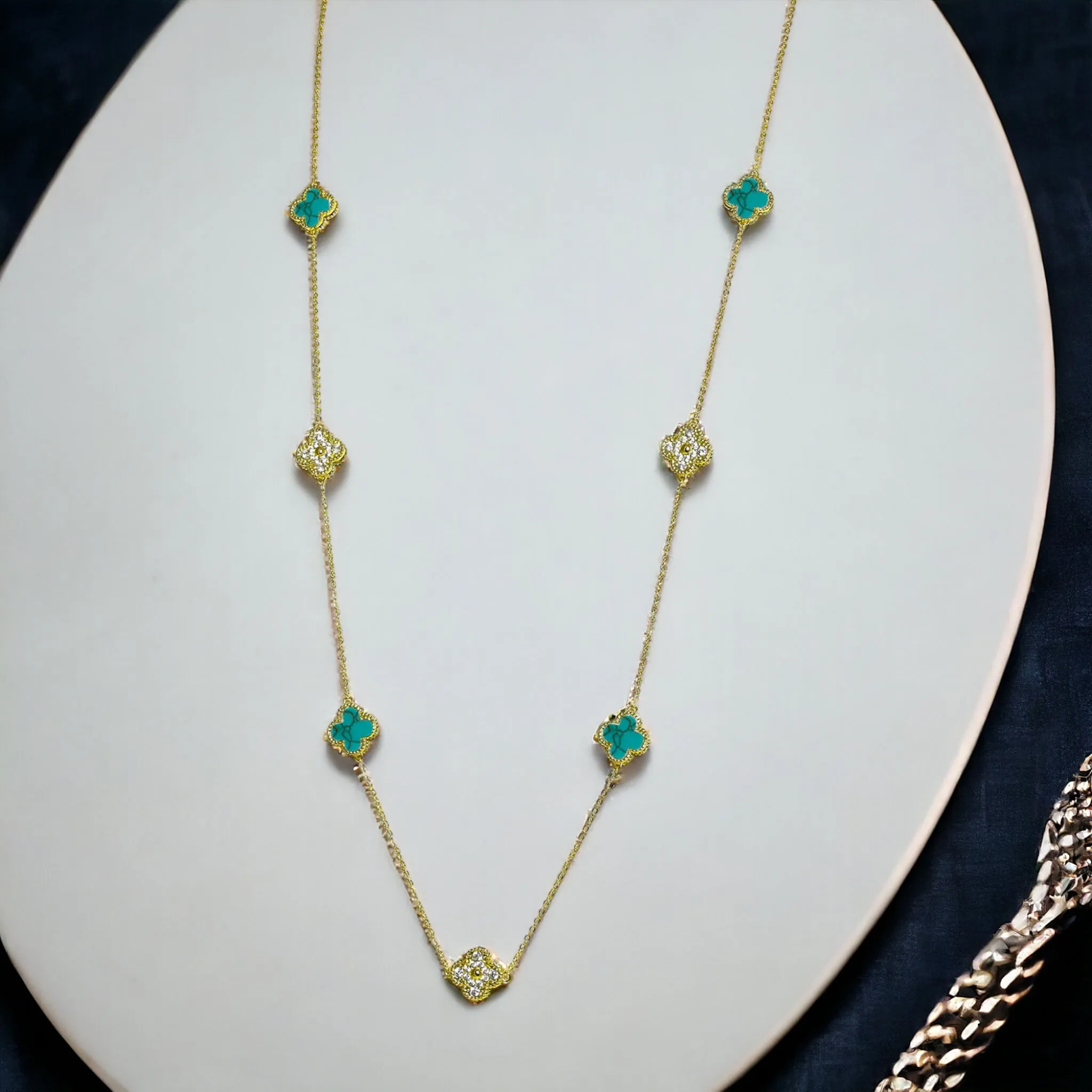 Gold 36" Round Clover Necklace Turquoise with CZ