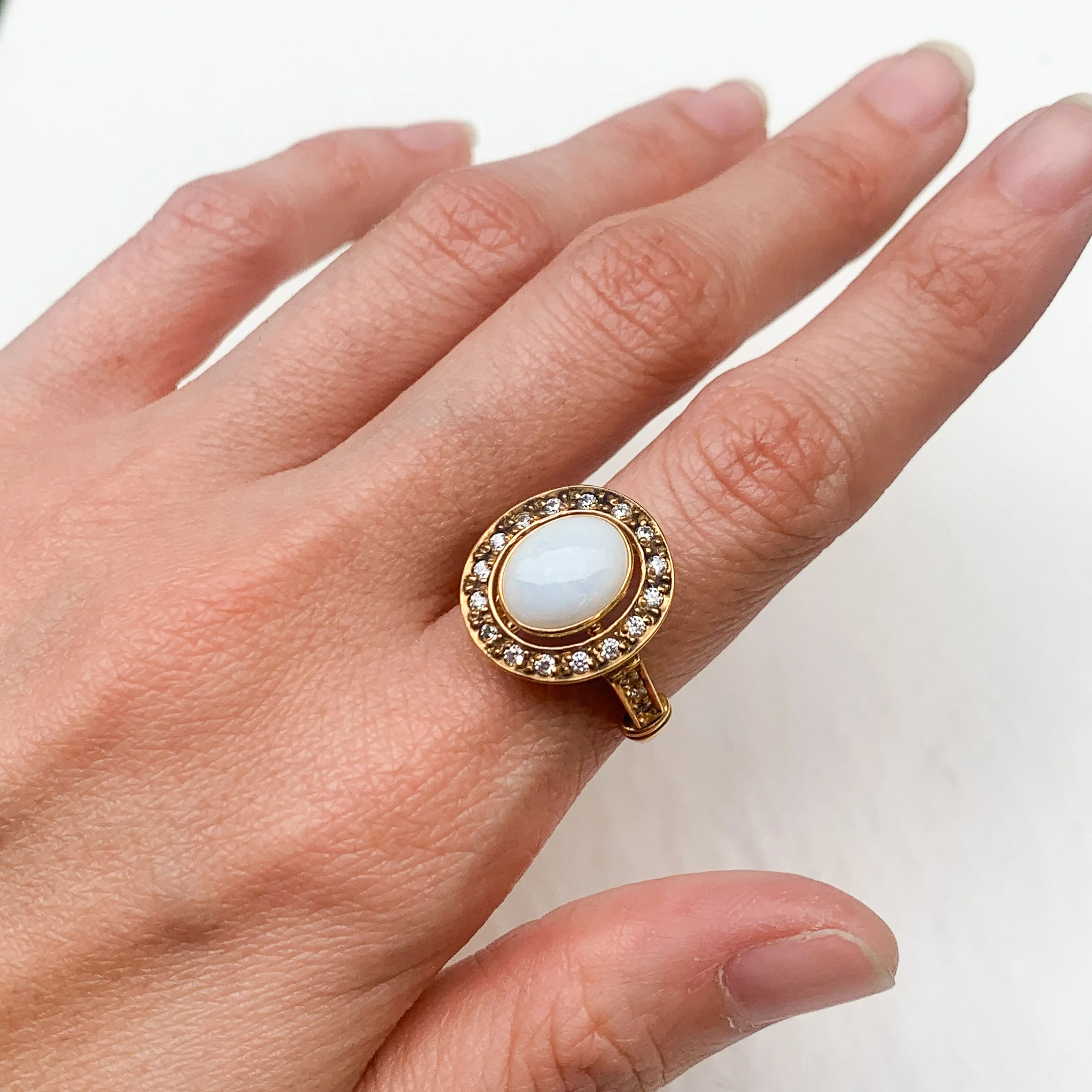 Gold Opal Ring - White Bezel Ring - Vintage Oval Ring