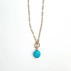Gold Paperclip Chain with Circle Stone Pendant in Turquoise