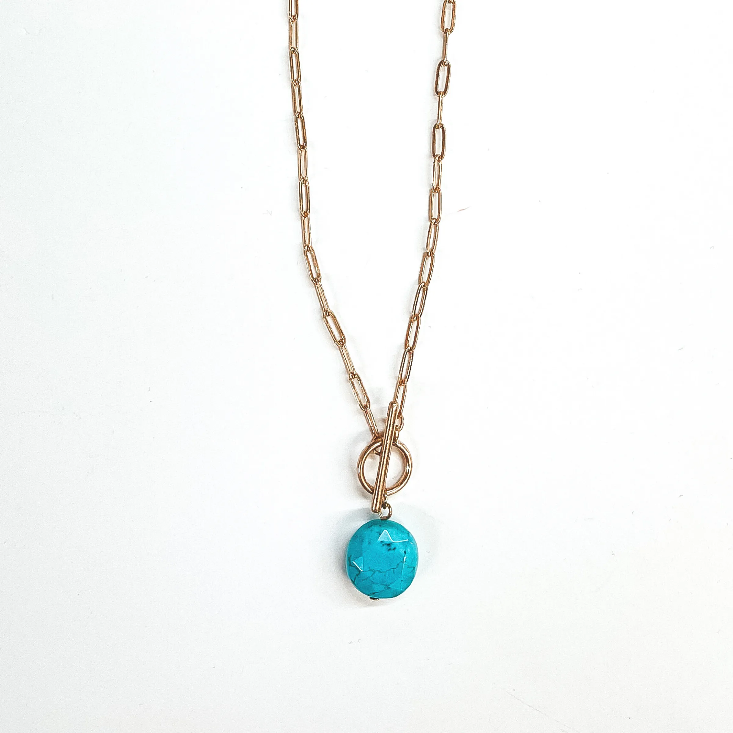 Gold Paperclip Chain with Circle Stone Pendant in Turquoise