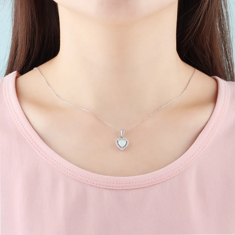 Heart Shape Opal Zircon Soleste Halo Sterling Silver Necklace