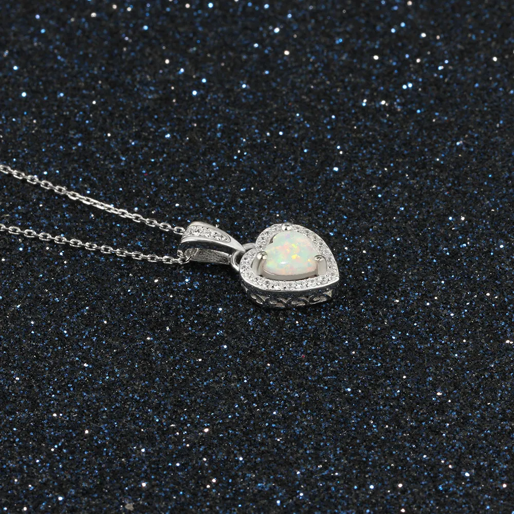Heart Shape Opal Zircon Soleste Halo Sterling Silver Necklace