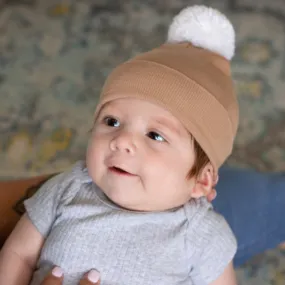 ilybean Tan White Pom Pom Newborn Hospital Hat