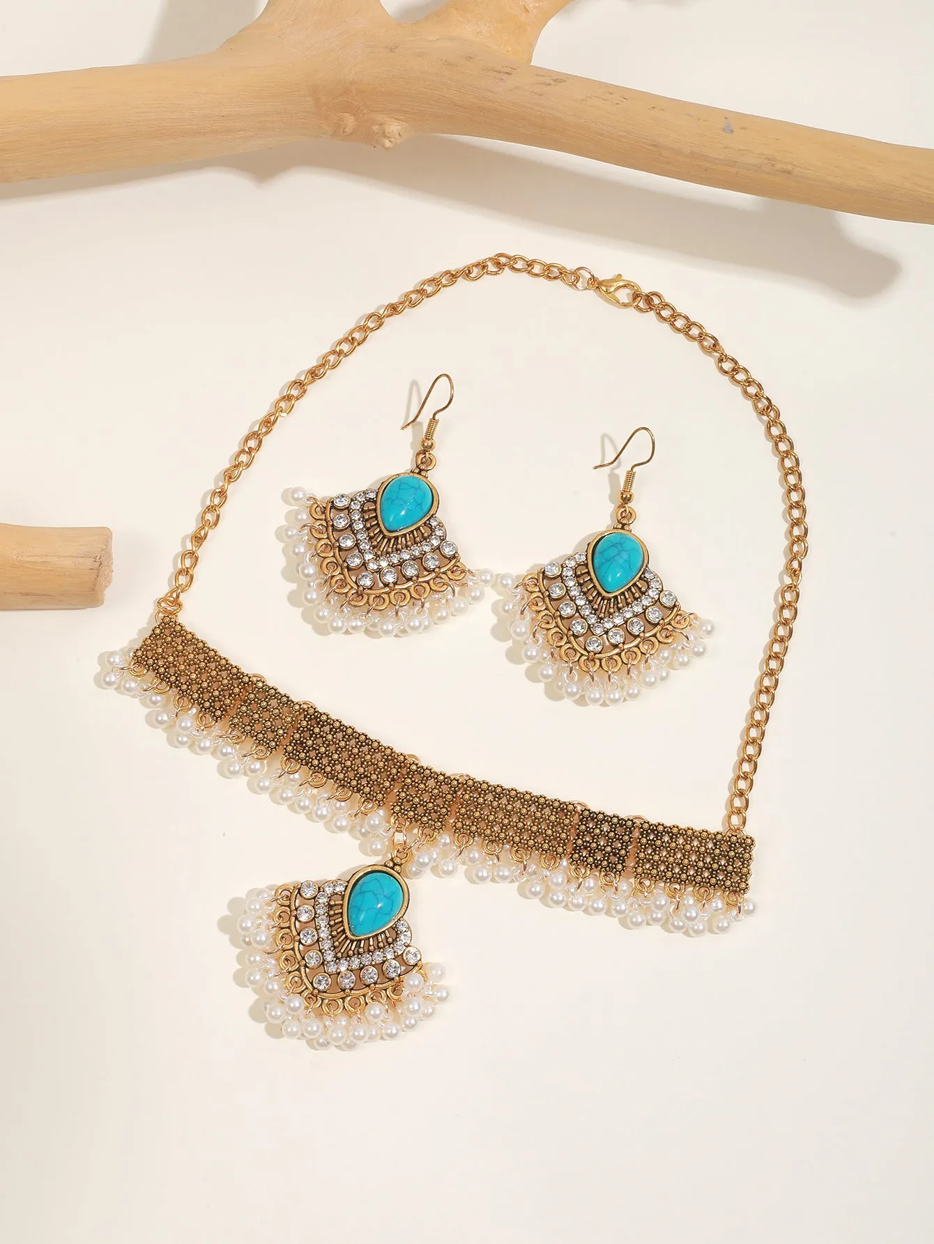 Indian Turquoise Pearl Collar Necklace and Earring Set