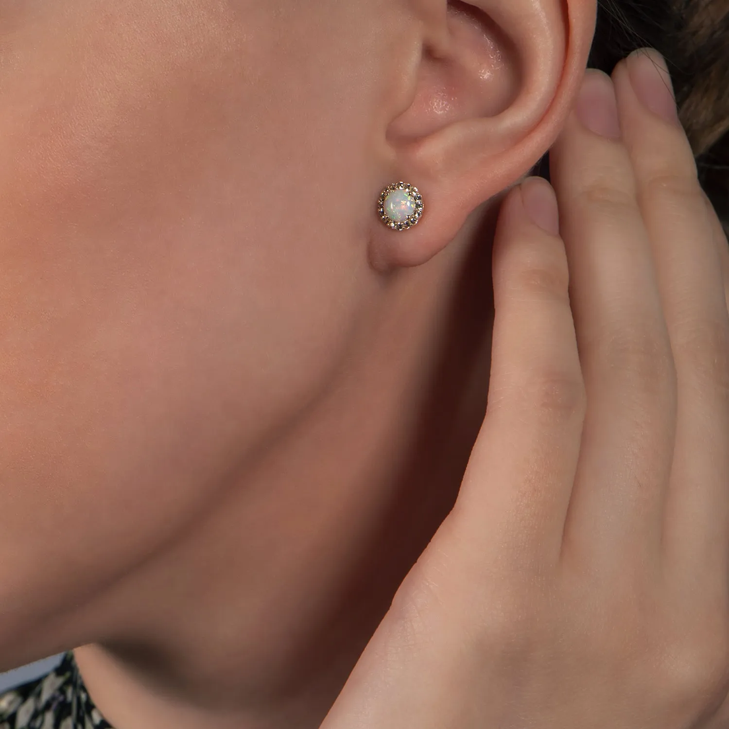 Jewelili 10K Yellow Gold With Round Created Opal and Created White Sapphire Stud Earrings