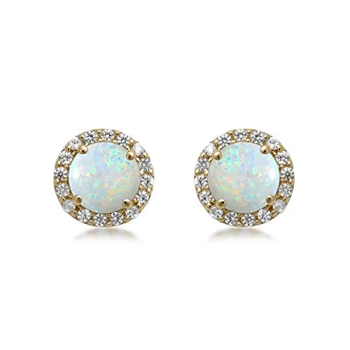Jewelili 10K Yellow Gold With Round Created Opal and Created White Sapphire Stud Earrings