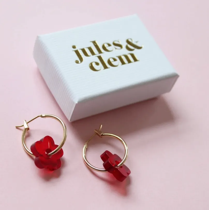 Jules & Clem Colourful Flower Hoop Earrings in Perspex & Gold Plate