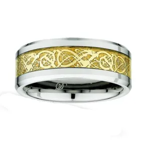 Kellee Designs Men's 8mm Tungsten Gold Celtic Dragon Inlay Wedding Band