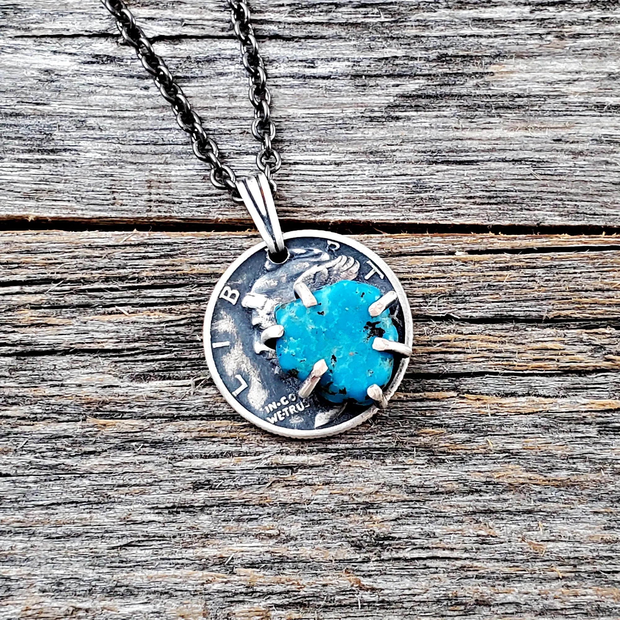 Kingman Turquoise Mercury Dime Necklace