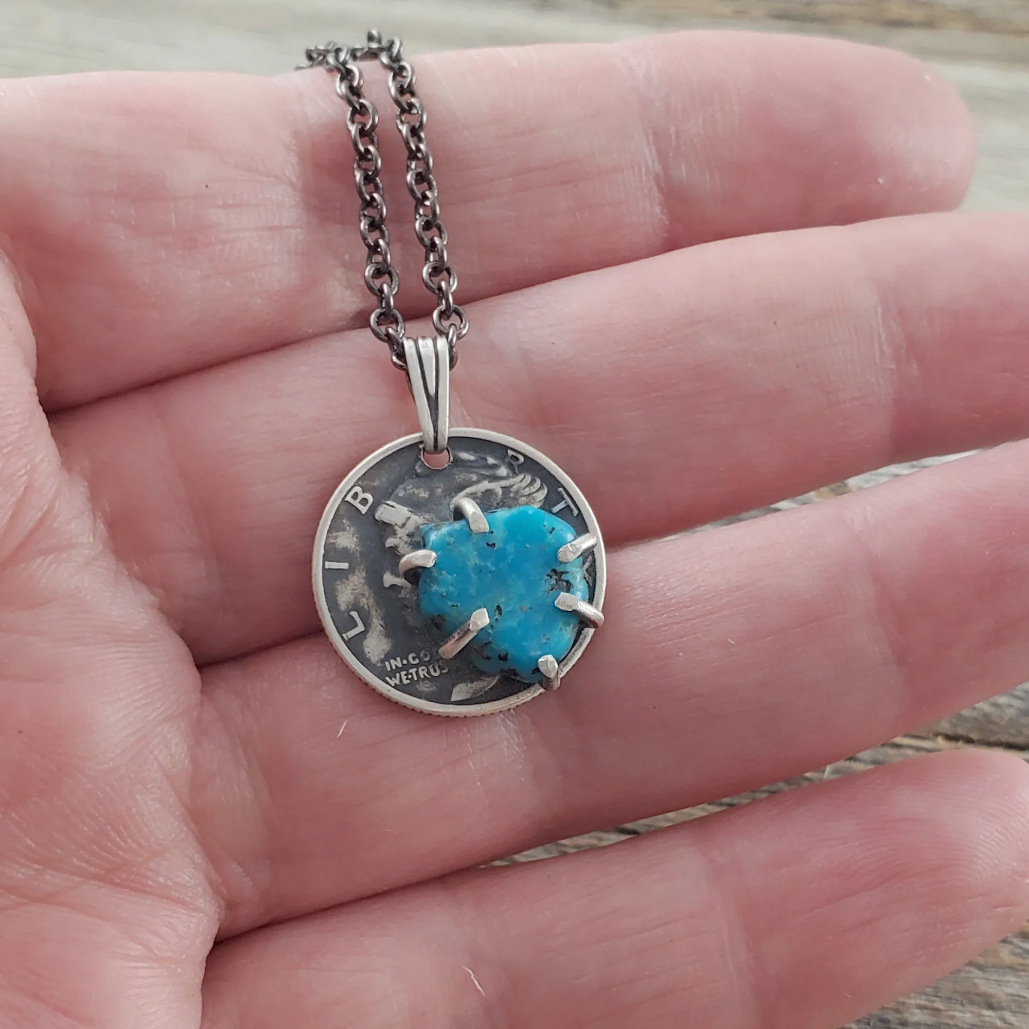 Kingman Turquoise Mercury Dime Necklace