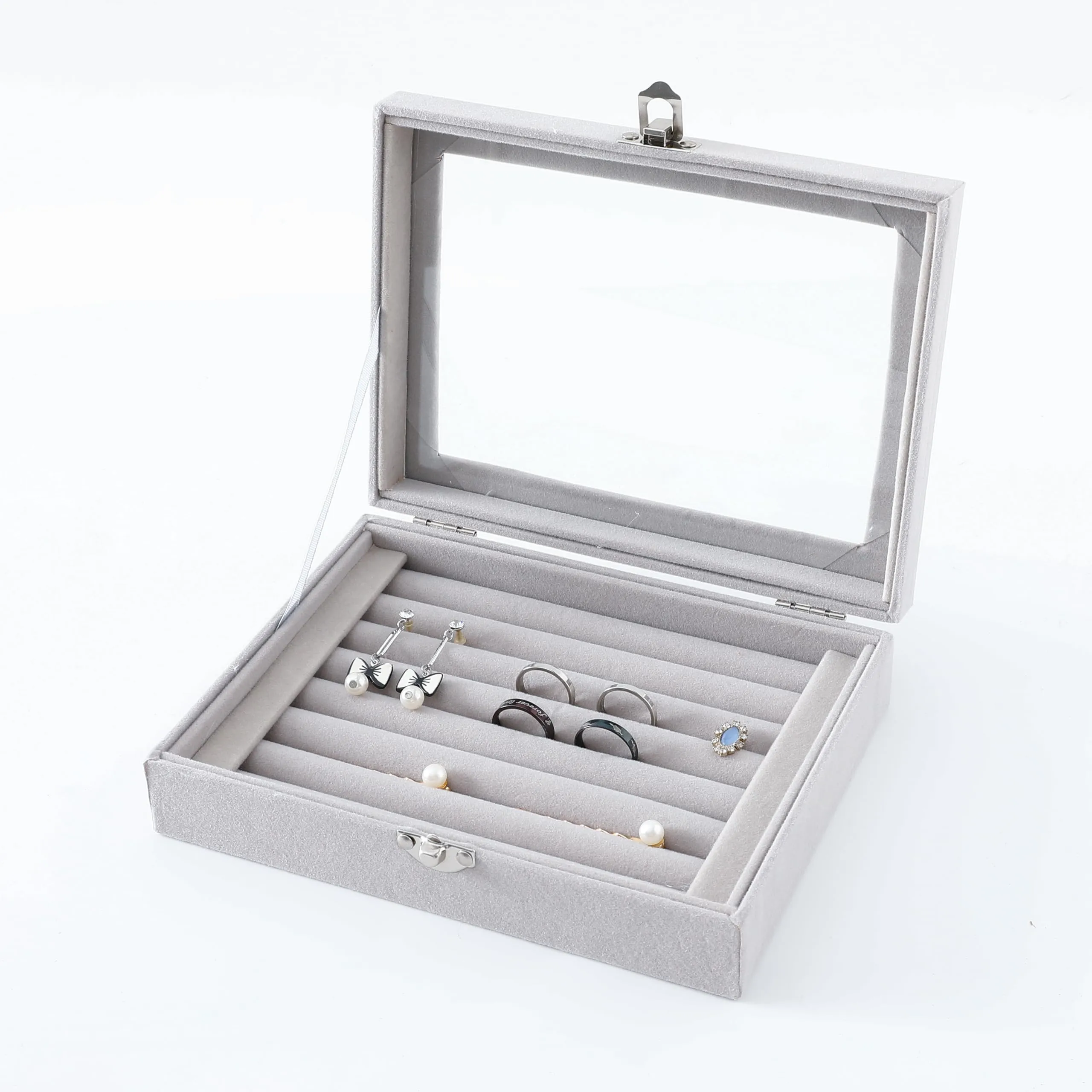 Kuber Industries Pack of 1 Velvet Jewelry Box Organizer | Jewelry Storage Box | Jewelry Organizer | Showcase Holder Dresser Organizer for Earring Necklace Bracelet Ring |YXX-017 | Grey