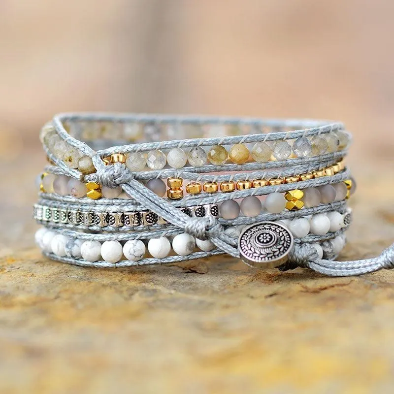 Labradorite, Howlite & Rose Quartz Charm Wrap Bracelet
