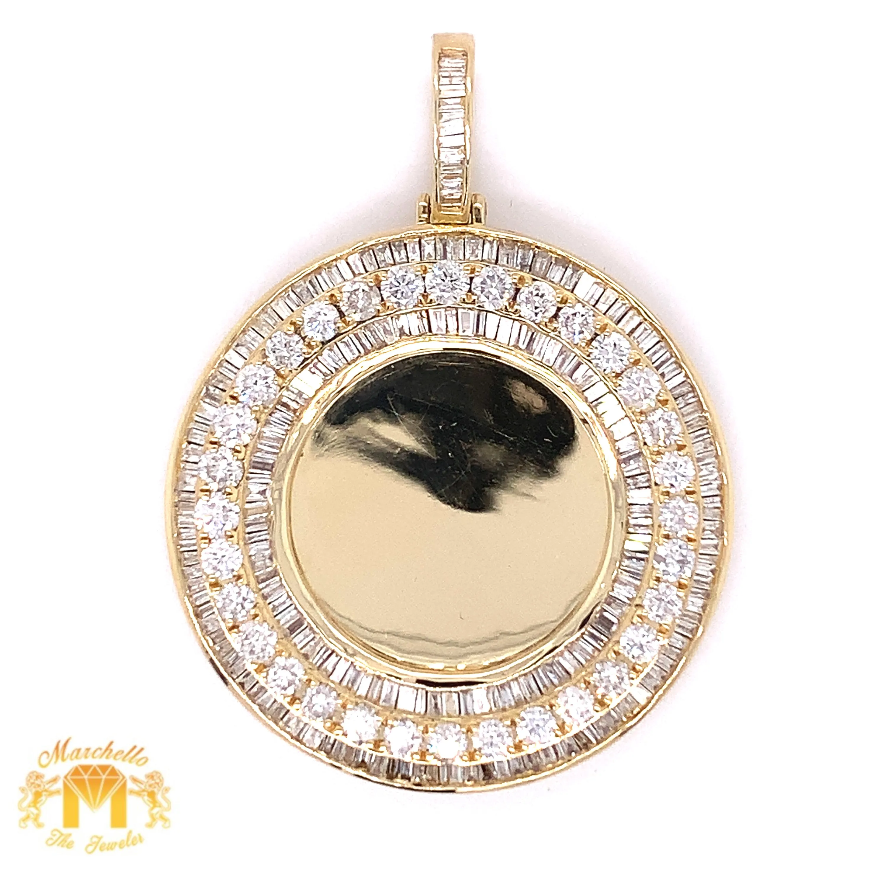 Large 3.29ct Baguette and Round Diamond 14k Gold Round Memory Picture Pendant and Gold Cuban Link Chain Set